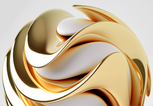 抽象艺术的3d渲染与部分超现实的异型花在球形波浪曲线有机生物线形成液态黄金金属材料与白色陶瓷部分在浅灰色的背景图片下载