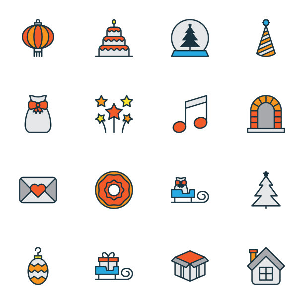 年度图标彩色线设置与圣诞玩具图片下载