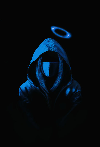 超现实主义概念的女人。黑暗艺术墙纸照片。女人，一个穿着蓝色衣服，戴着蓝色面具的天使。用于腔洞打印。图片下载