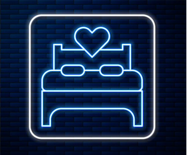 发光的霓虹灯线卧室图标孤立在砖上图片下载