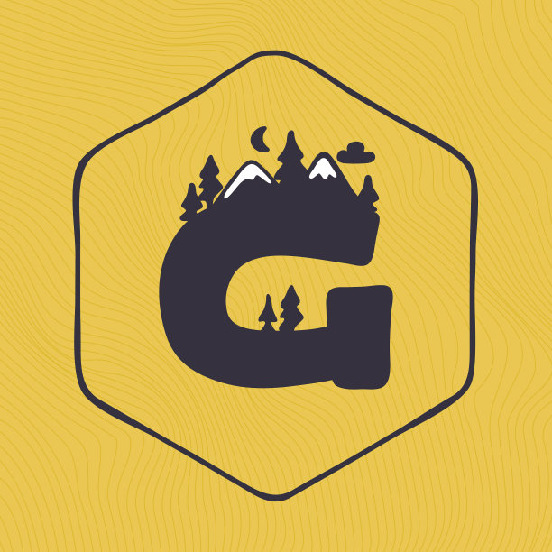 标志上有G字山峰和树木图片下载