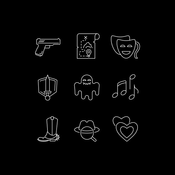 电影类型白色线性图标设置为黑暗主题图片下载