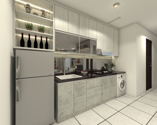 带有镜子和照明装饰的现代厨房设计，使用立式冰箱和洗衣机图片下载