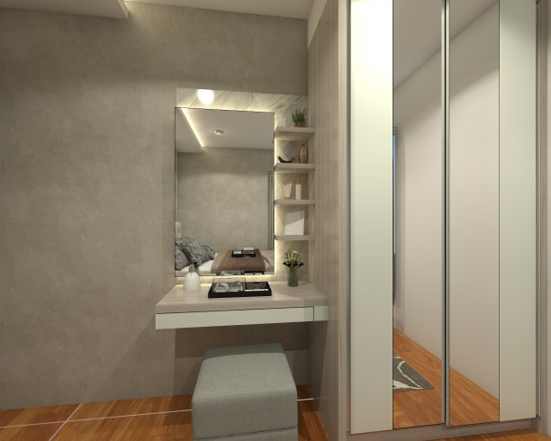 现代和极简主义梳妆台与木制衣柜图片下载