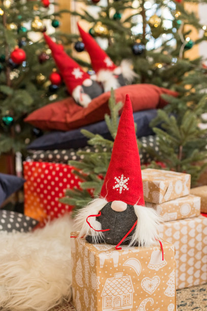 圣诞侏儒装饰与圣诞老人帽。精灵装饰。一群戴着红帽子的圣诞长毛绒地精。圣诞晚会，可爱的圣诞老人玩具助手。图片下载