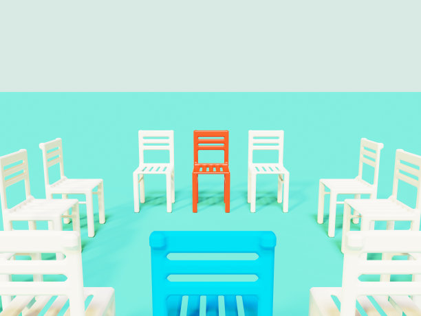 咨询集团的概念。心理治疗与冲突管理理念。一组口语和听力。有红蓝椅子的空房间。图片下载