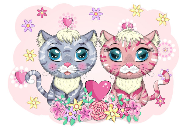 可爱的卡通猫咪凯蒂夫妇在爱情装饰图片下载