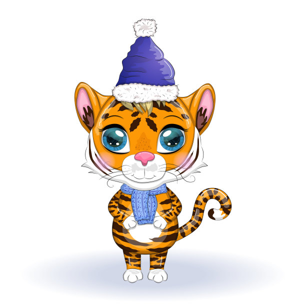 可爱的卡通老虎和美丽的眼睛在一顶帽子图片下载