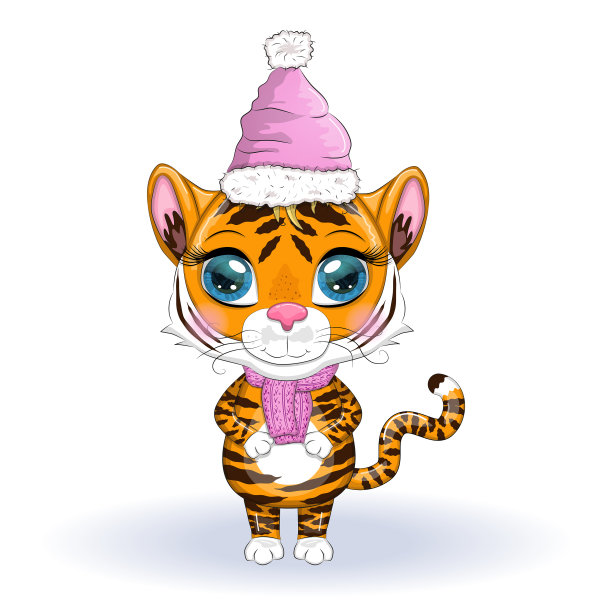 可爱的卡通老虎和美丽的眼睛在一顶帽子图片下载