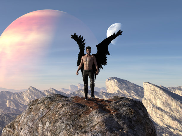 一个天使般的男人的插图与翅膀站在一个巨大的石头上勘测他的周围。图片下载