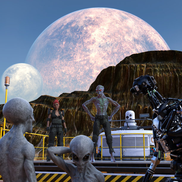 一个女人和一个机器人在一个采矿平台上与另一个星球上的外星人交谈，这个星球上的月亮从山上升起。图片下载