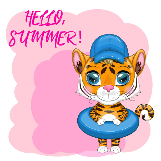 卡通老虎与游泳圈在夏季帽子图片下载