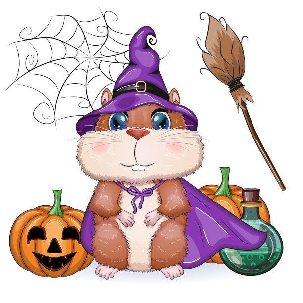 卡通仓鼠戴着紫色的女巫帽图片下载