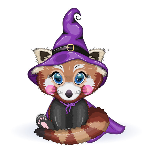 卡通红熊猫戴着紫色的女巫帽图片下载