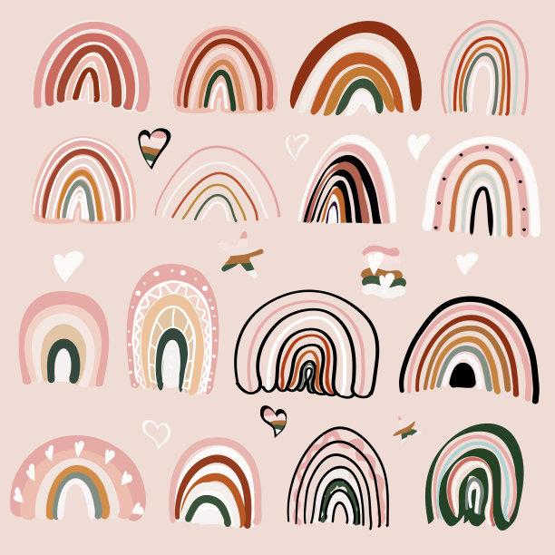 波西米亚风格的彩虹。微妙的米色色调。恒星和心脏。装饰元素。图片下载