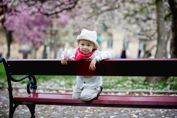 孩子，男孩在春天的公园里盛开着木兰树图片下载
