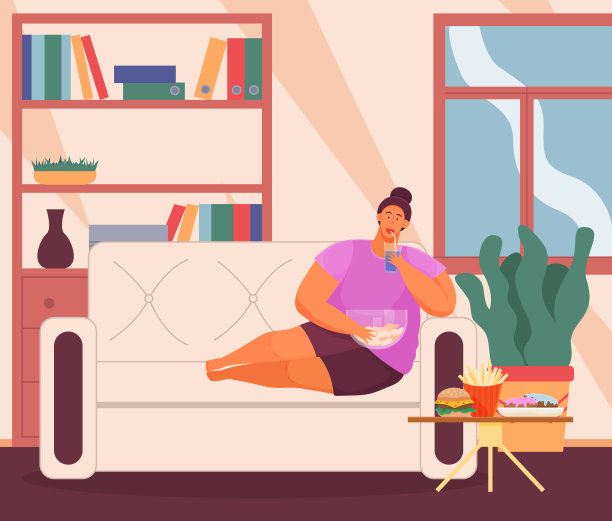 超重的女孩躺在家里的沙发上，生活方式很糟糕。胖女人吃垃圾食品图片下载