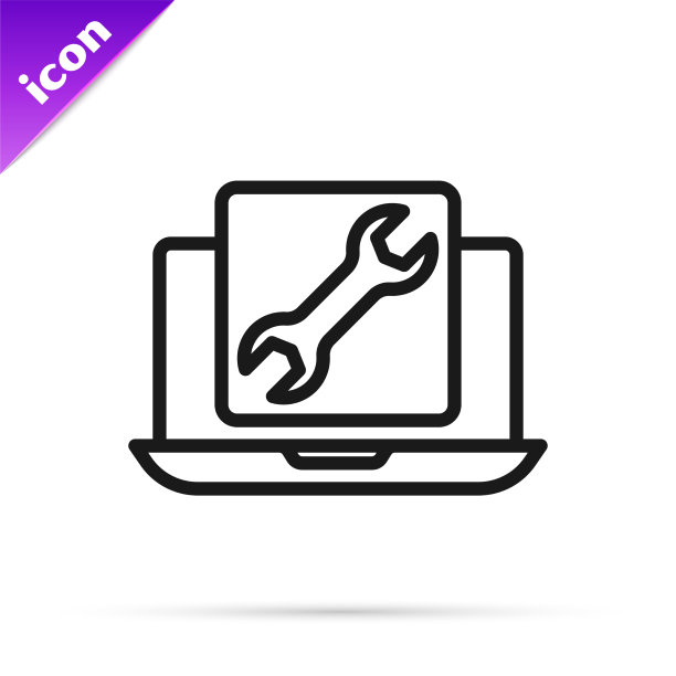 黑线笔记本电脑与扳手图标隔离图片下载