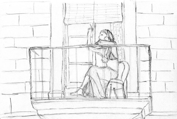 一个女人坐在阳台上的椅子上抽烟。黑白艺术垃圾素描插图。图片下载