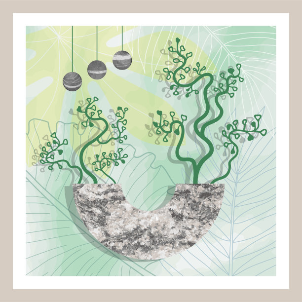 带有石头和热带叶子的天然抽象植物艺术图片下载