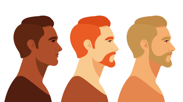 年轻英俊的男子有不同的胡子风格，发色，肤色。现实的成年男性肖像，脸，侧视图。图片下载