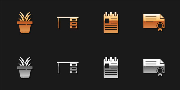 设置盆栽，办公桌，螺旋笔记本和证书模板图标。向量图片下载