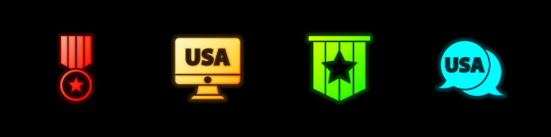 设置奖章与星，美国监视器，美国国旗和标签图标。向量图片下载