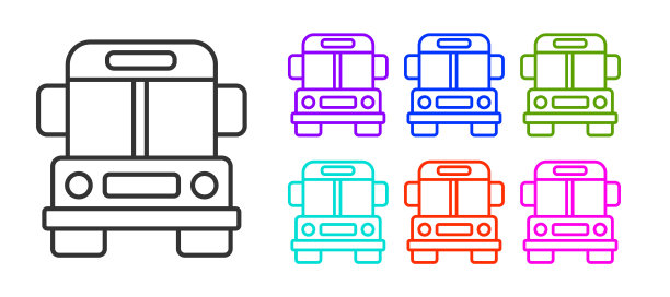 黑色线学校巴士图标孤立在白色背景。公共交通的象征。设置图标丰富多彩。向量图片下载