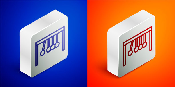 等距线摆图标孤立在蓝色和橙色的背景。牛顿的摇篮。银广场按钮。向量图片下载