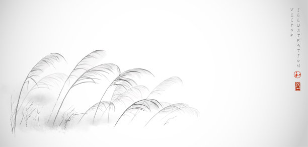 草叶用墨水手绘在白色的背景上。传统的东方水墨画粟娥、月仙、围棋。象形文字的翻译-和谐。图片下载