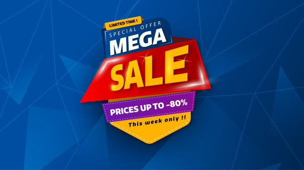 促销横幅模板设计与几何背景，大减价优惠高达80%。大减价，季末特价横幅。矢量插图。图片下载