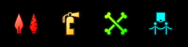 设置石器时代的箭头，灭火器，交叉的人骨和图片和绳子障碍图标。向量图片下载