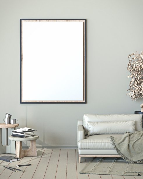 模拟空白的相框与沙发和写生簿3D图片下载