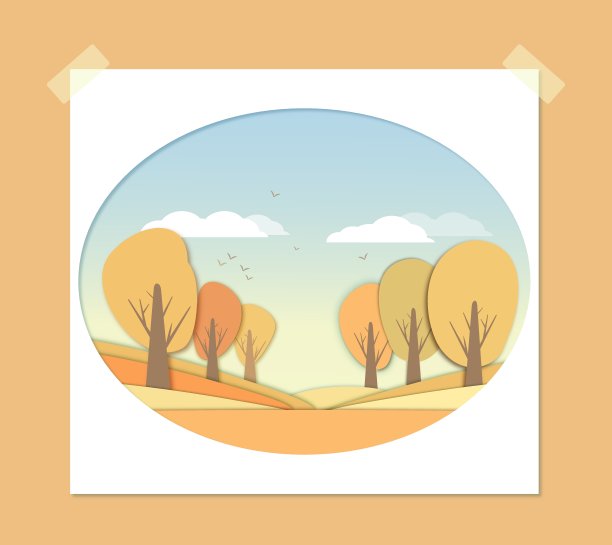 明信片，背景是秋天，丘陵风景。用于装饰，网页，设计，页面。插图与剪纸效果图片下载