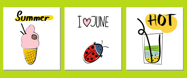 夏天涂鸦的海报。沙滩派对横幅上有简单的东西——鸡尾酒和冰淇淋，字母。假期标签元素。向量的手图片下载