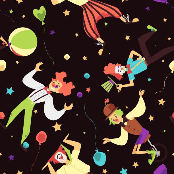 无缝模式与有趣的小丑马戏团，一个平面卡通矢量插图。图片下载