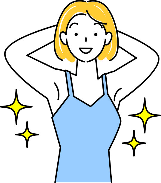 微笑的女人展示美丽的腋窝，闪耀着身体护理效果，OK手势，简约矢量插画。一位可爱的微笑的女人炫耀她美丽的腋窝，闪耀着身体护理的效果。OK姿势。图片下载