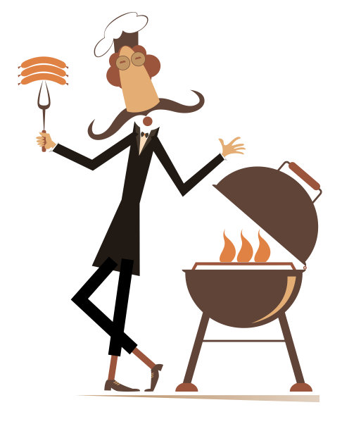 漫画厨师与长胡子准备一餐在火孤立的插图。图片下载