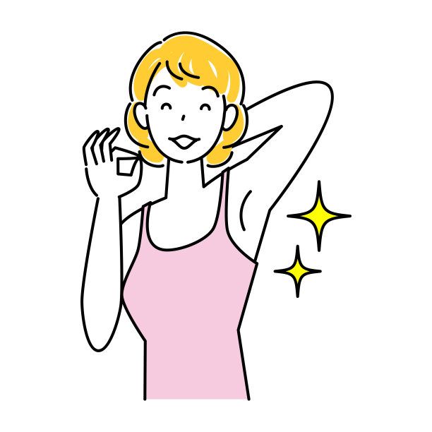 微笑的女人展示美丽的腋窝，闪耀着身体护理效果，OK手势，简约矢量插画。一位可爱的微笑的女人炫耀她美丽的腋窝，闪耀着身体护理的效果。OK姿势。图片下载