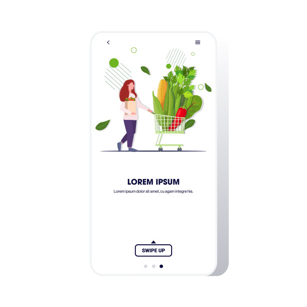女人推着手推车，推车上有不同的蔬菜，健康的生活方式，素食新鲜的食物概念全长智能手机屏幕移动应用程序复制空间图片下载