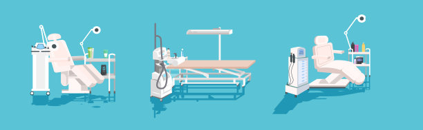 设医用脱毛设备及美容美发器械柜，配有激光脱毛机、扶手椅和卧式床图片下载