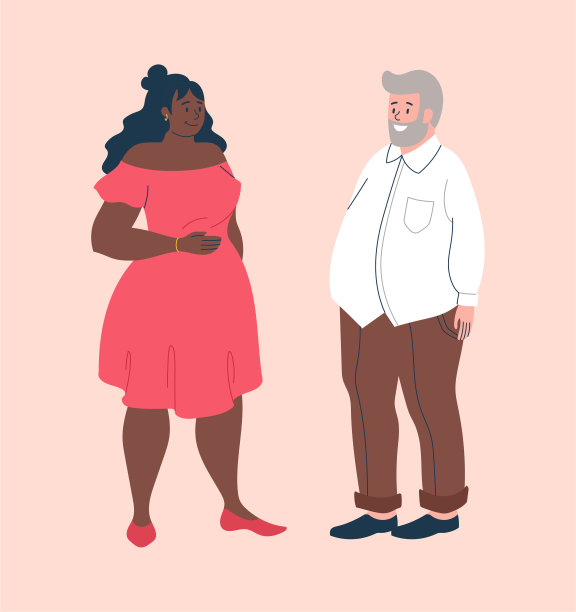 微笑的男女角色穿着宽松的衣服，以掩盖他们在粉红色背景下的肥胖图片下载