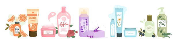 卡通人物手握薰衣草香皂，天然草本植物、花卉、树叶化妆品。水疗护肤隔离上白。图片下载