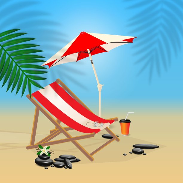 雨伞，沙滩上的太阳躺椅，异国的树叶，眼镜，沙滩上的石头。热带花卉矢量插图在海滩的颜色。图片下载