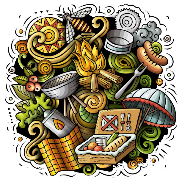 野餐卡通涂鸦插图。有趣的设计。图片下载