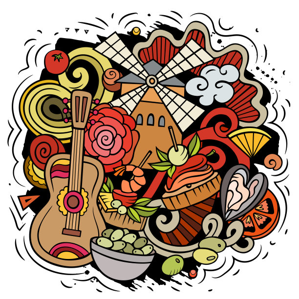 西班牙手绘卡通涂鸦插画图片下载