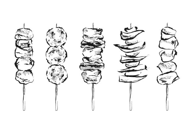 水墨画什锦烤鸡串插画素材。图片下载