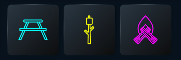 摆一排长椅野餐桌，篝火和图片下载