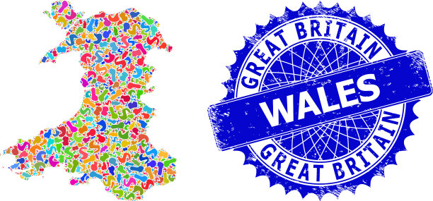 印迹花纹威尔士地图和遇险印章图片下载