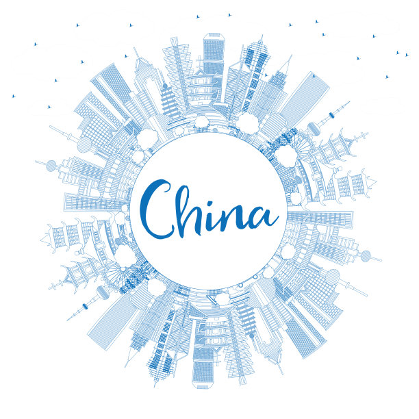 用蓝色的建筑勾勒出中国城市的天际线图片下载